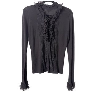 Elie Tahari Lace Silk Cotton Black‎ Ruffle Convertible Collar Cardigan
